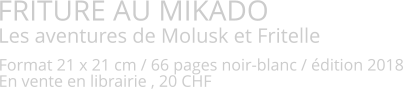 FRITURE AU MIKADO Les aventures de Molusk et Fritelle   Format 21 x 21 cm / 66 pages noir-blanc / édition 2018 En vente en librairie , 20 CHF
