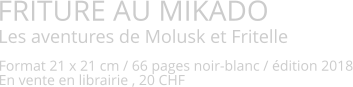 FRITURE AU MIKADO Les aventures de Molusk et Fritelle   Format 21 x 21 cm / 66 pages noir-blanc / édition 2018 En vente en librairie , 20 CHF